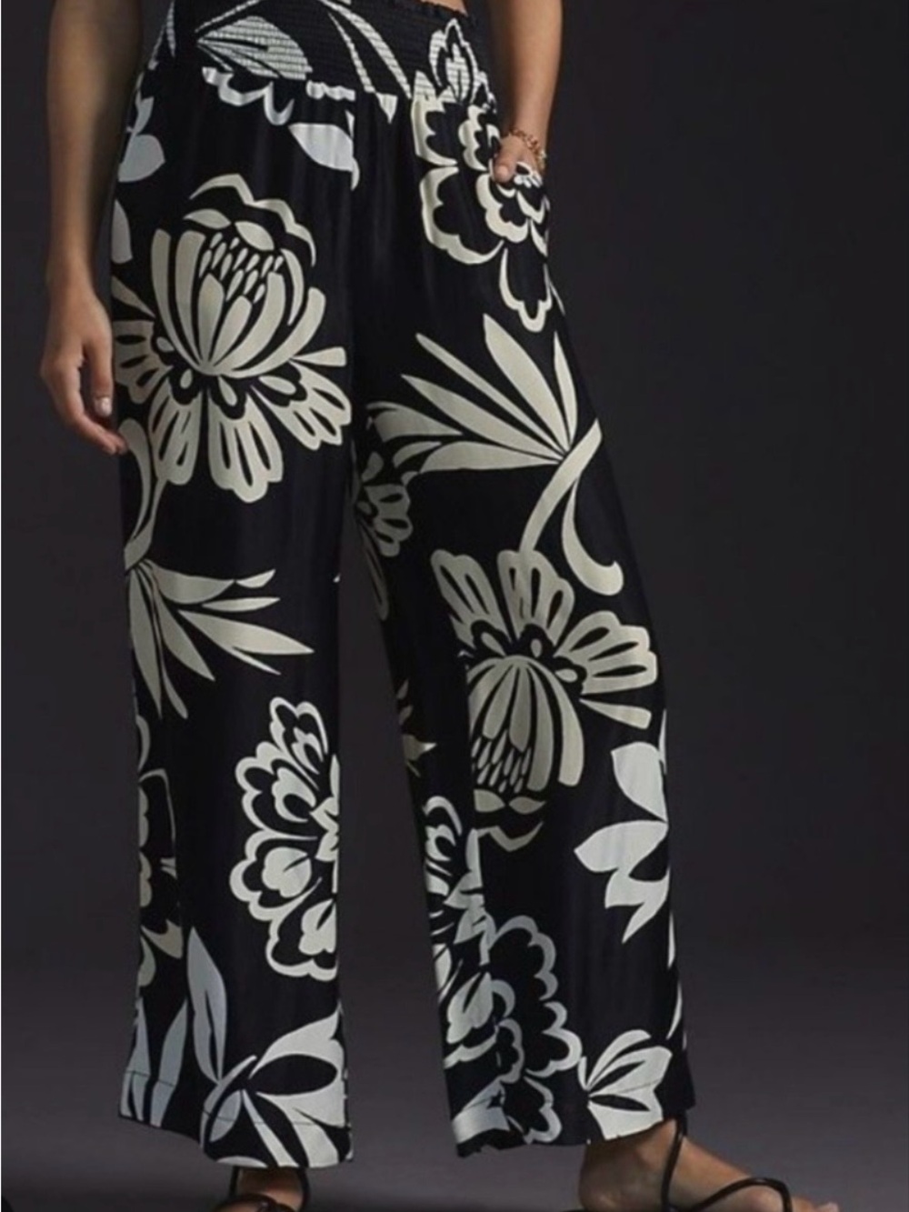 Maeve by Anthropologie black and cream Floral Smocked Wide-Leg Pants